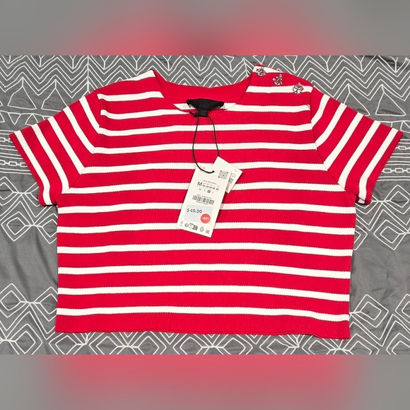 Zara Tops - Zara Cropped Red And White Striped Tee Size Medium